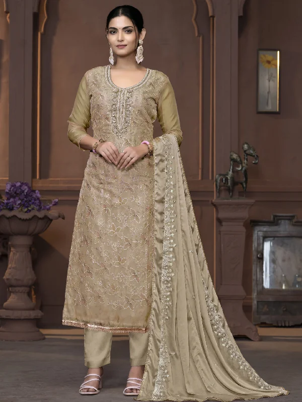 Beige Party Wear Readymade Pant Suit With Pojishan Embroidery Hand Work High-Waist Yoga Pants