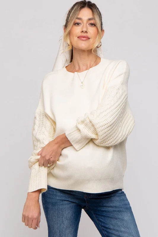 Cream Cable Knit Sleeve Maternity Sweater Fitted Slim Tailored