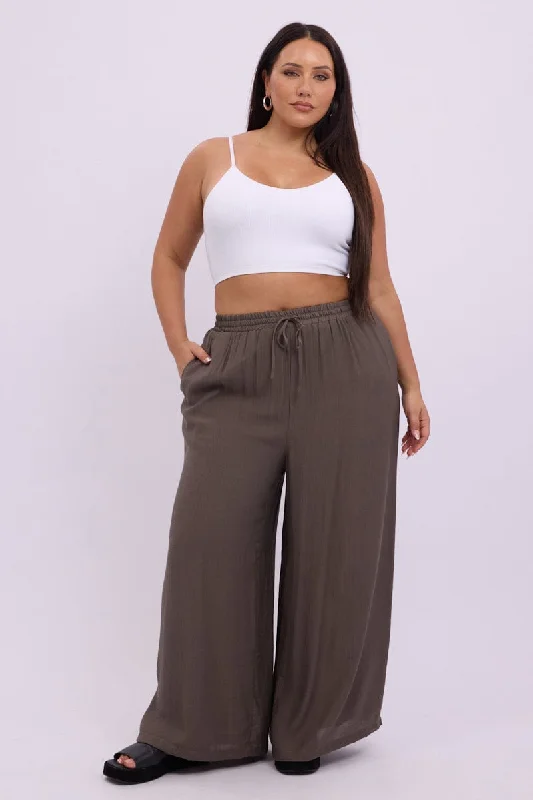 Brown Tie Waist Textured Wide Leg Pants High-Waist Jogger Pants