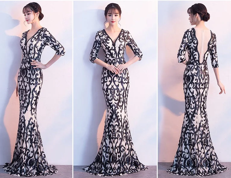 Deep V Sleeve Fashion Fishtail Sequin Long party Dress CODE: mon1037 Tunics Floral girly
