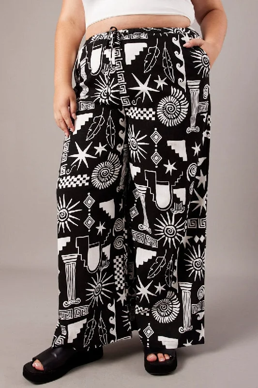 Black Abstract Wide Leg Pants High Rise Stylish Elastic Waist Pants