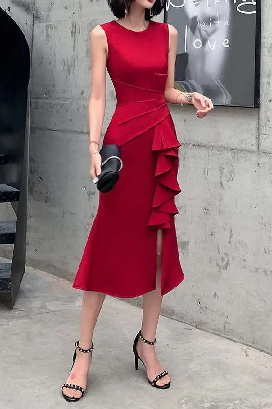 Red Sleeveless Midi Cocktail Party Dress Chiffon Maxi Beach