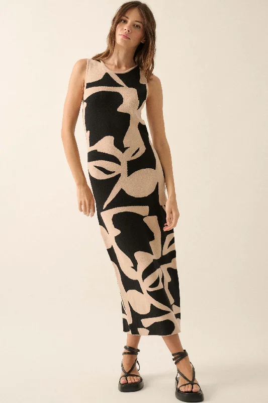 Fantastic Flora Floral Jacquard Maxi Sweater Dress Ribbed Striped Patterned