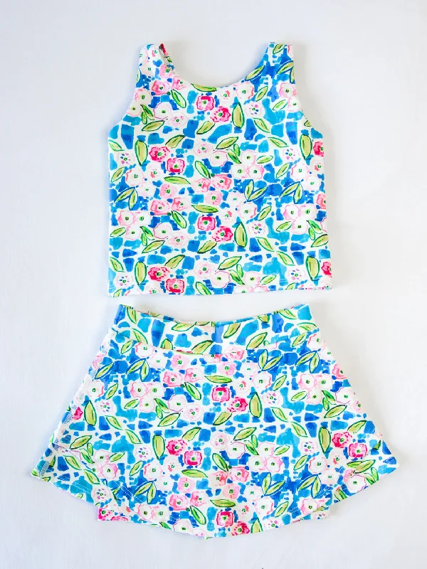 Preorder GSD1988 Yoga Outfit Baby Girls clothes Brilliant Blue Flower Sleeveless Vest skirts shorts Girls Boutique Summer clothes  202502 denim skirt durable