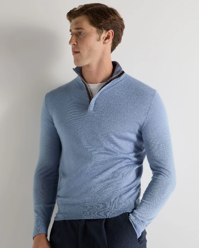 Men's Regent Fine Gauge Cashmere Half Zip Sweater Cornflower Blue Iron Safe Non-Iron Wrinkle Free