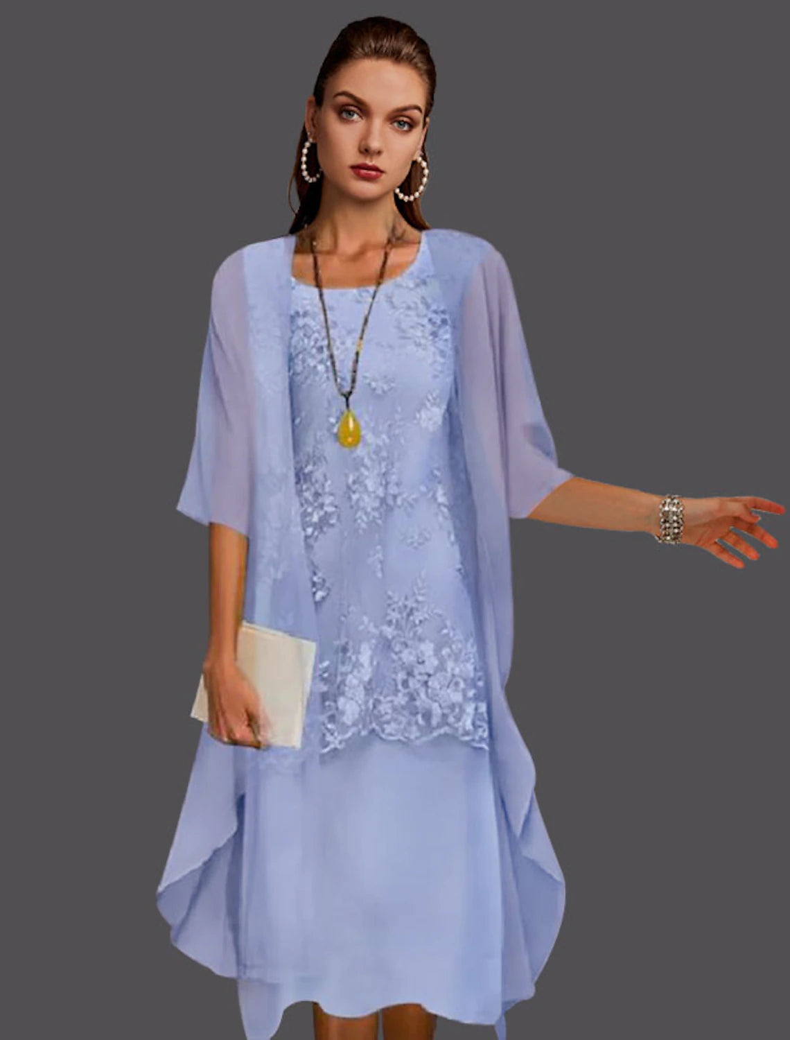 Two Piece Sheath / Column Mother of the Bride Dress Elegant Jewel Neck Tea Length Chiffon Lace Sleeveless Jacket Dresses with Appliques Cardigan Sweater Pullover