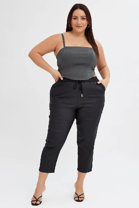 Black Jogger Pant Elastic Waist Wet Look Casual Plaid Pants