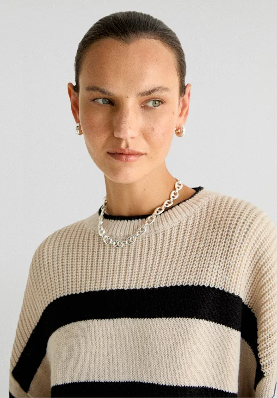 STRIPED SWEATER WITH FLARED SLEEVES Mesh Sweater Canvas Denim