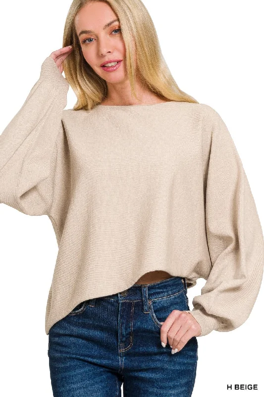 VISCOSE ASYMMETRIC HEM AND SLEEVE SWEATER in HEATHER BEIGE Front Pockets Side Pockets Patch Pockets
