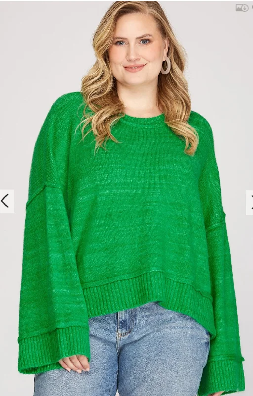 Plus Long Wide Ribbed Sleeve Sweater Iron Safe Non-Iron Wrinkle Free