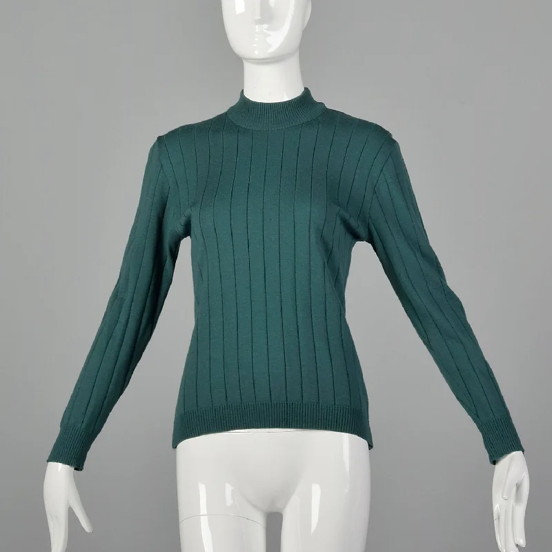 XS Burberry 1970s Green Sweater Lightweight Wool Mock Neck Ribbed Knit Beaded Sweater Sequined Faux Fur