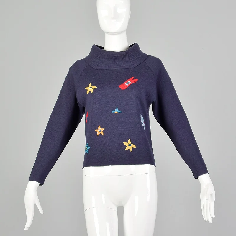 Small 1960s Navy Wool Novelty Sweater with Flower Embroidery Satin Blend Silk Blend Wool Blend