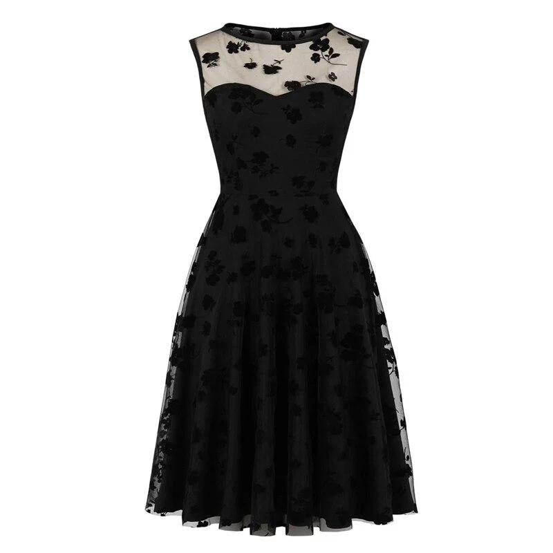 Floral Embroidered Mesh Overlay Elegant High Waist Black Sleeveless A Line Winter Party Dress Tunics Fashionable trendy
