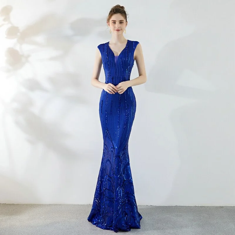 Royal Blue Sequins Evening Dress Elegant Beading Long Evening Party Dress Tunics Velvet soft