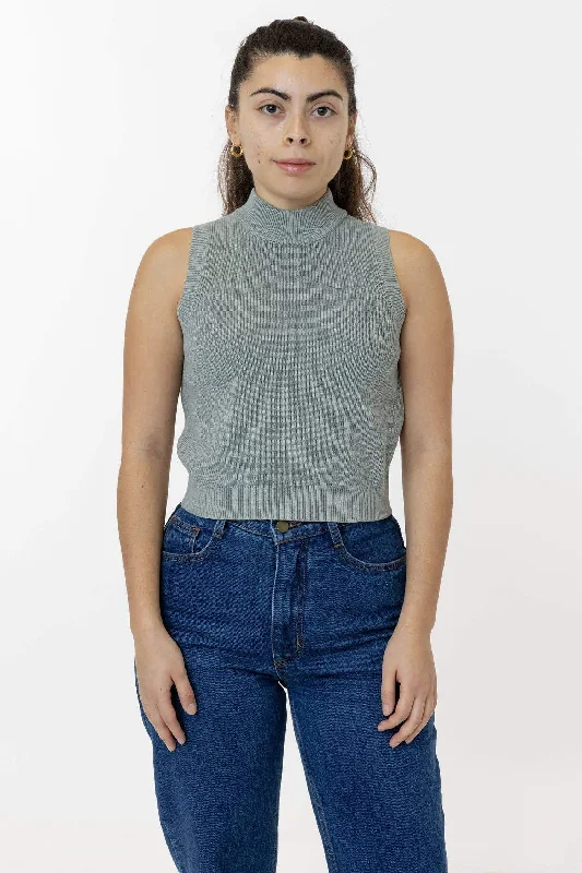 RFK45GD - Cotton Knit Sleeveless Mock Neck Sweater Denim Fabric Leather Fabric Suede Fabric