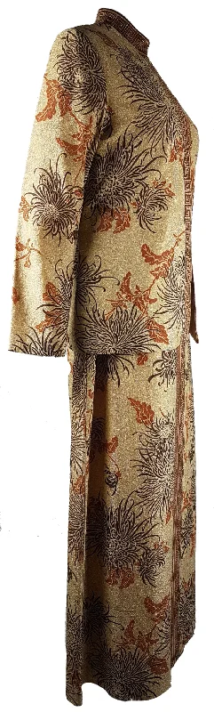Vintage 1970s | Alfred Shaheen Gold Knit Metallic Floral 2 Piece  - Maxi Dress & Jacket (Rare Larger Size) Zippered Front Buttoned Front Snap Front