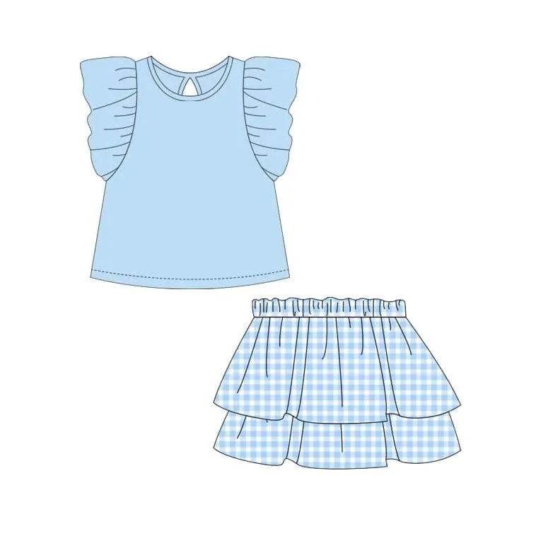 Preorder GSD1999 Pure blue ruffle sleeveless top skirts set Girls Boutique Summer clothes 202502 breathable skirt fabric