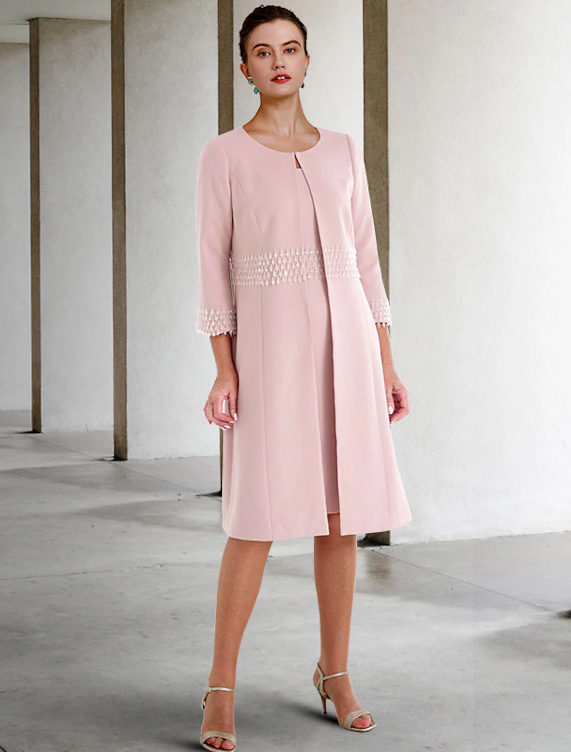 Two Piece Sheath / Column Mother of the Bride Dress Church Elegant Jewel Neck Knee Length Stretch Fabric Short Sleeve Jacket Dresses with Beading Denim Jacket Leather Jacket Suede Jacket