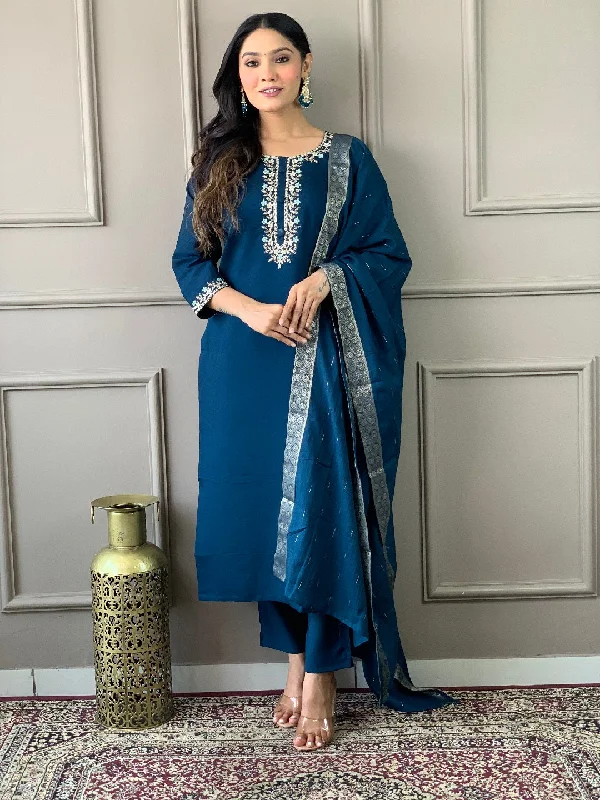 Blue Designer Readymade Pant Suit With Embroidery Printed Work Slim-Fit Khaki Pants
