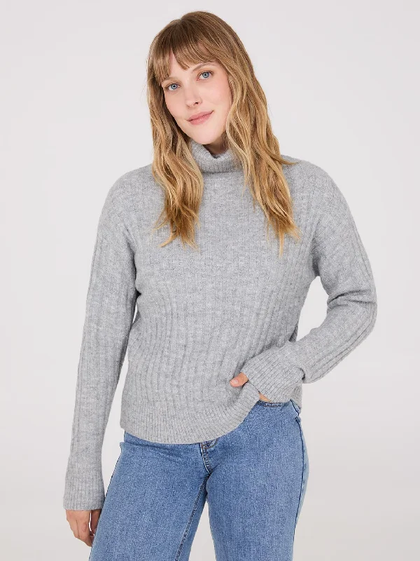 Ribbed Turtleneck Sweater Solid Color Striped Floral Print