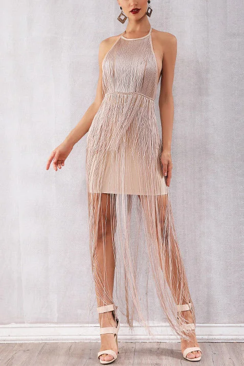 Champagne Backless Tassel Overlay Halter Party Dress Tunics Evening elegant