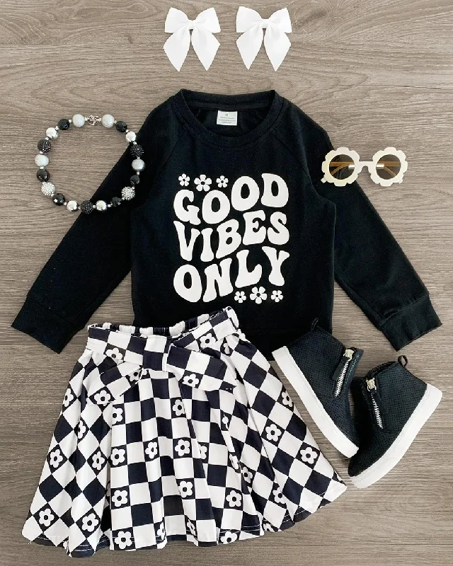 Preorder GLD0960 good vibes only letter flower long sleeve black and white plaid skirt suit wrap skirt elegant