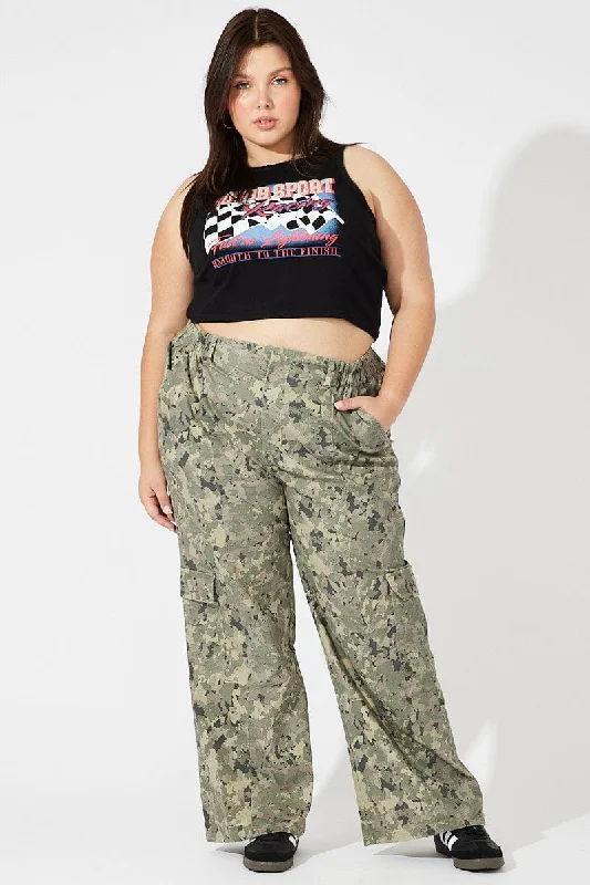 Green Print Cargo Pants Mid Rise Casual Yoga Pants