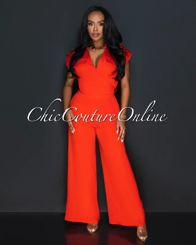Silo Red Collared Cross Tie Top & Wide Legs Pants Set Classic Straight-Leg Pants