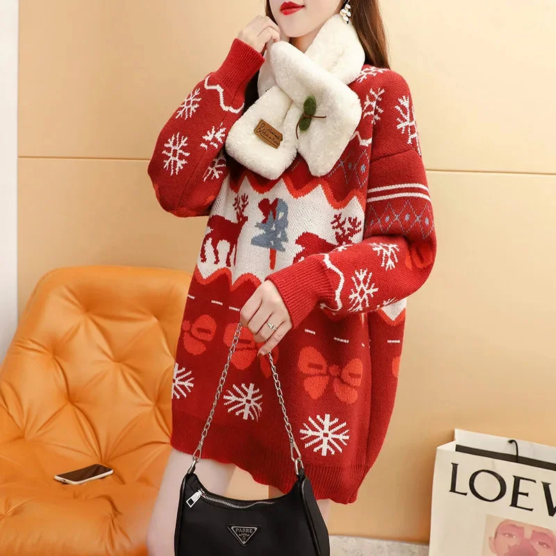 Elk Red Oversized Casual Fashion Christmas Sweater Slim Fit Regular Fit Oversized