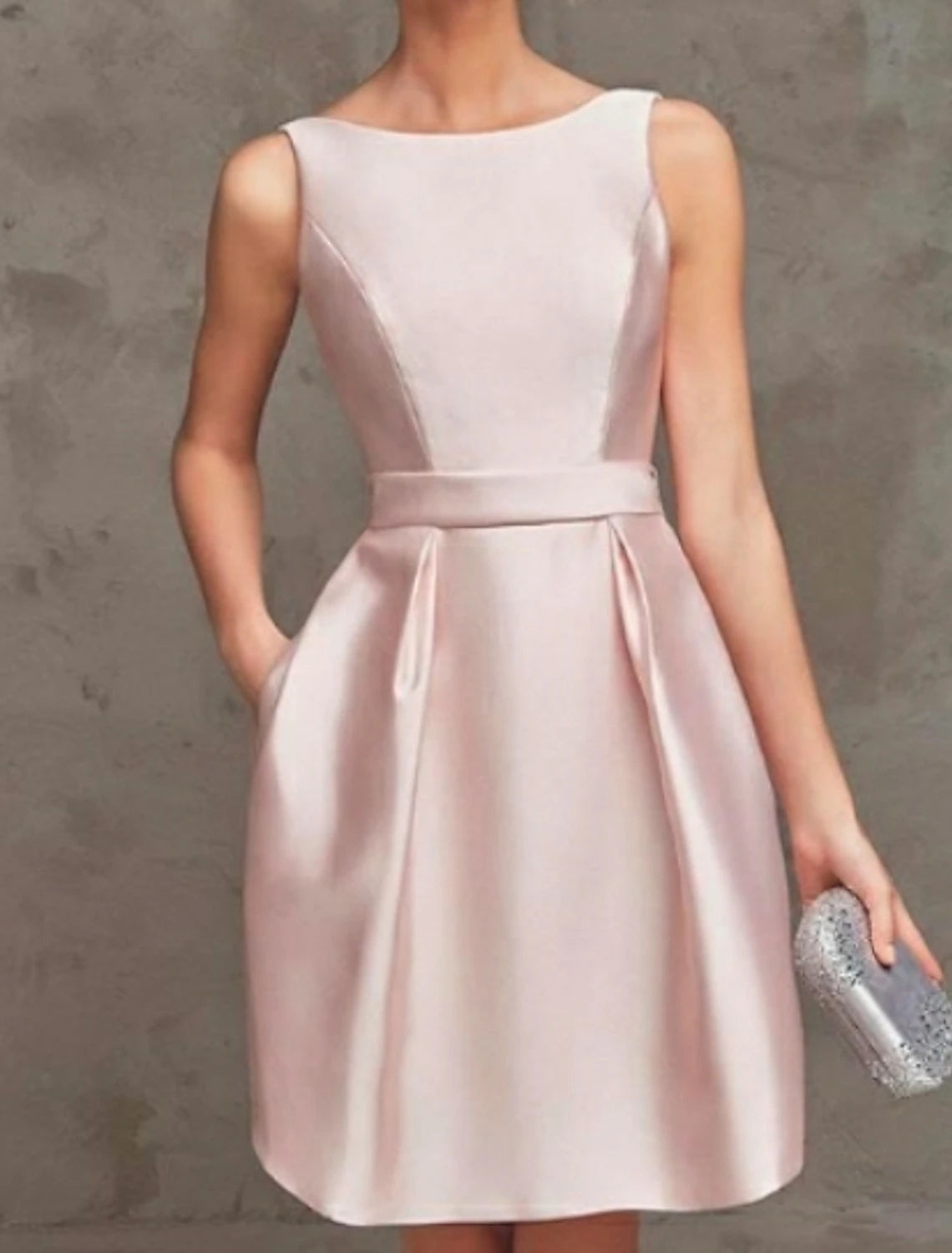 A-Line Cocktail Dresses Party Dress Wedding Guest Graduation Short / Mini Sleeveless Boat Neck Pink Dress Satin V Back with Pleats Tunics Brand named