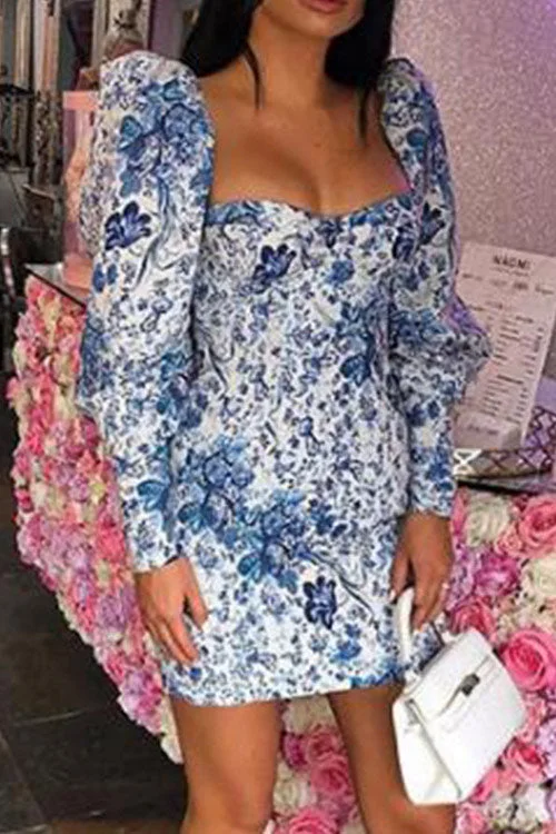 Sexy Blue Print Mini Long Sleeve Party Dress Tunics Corduroy durable