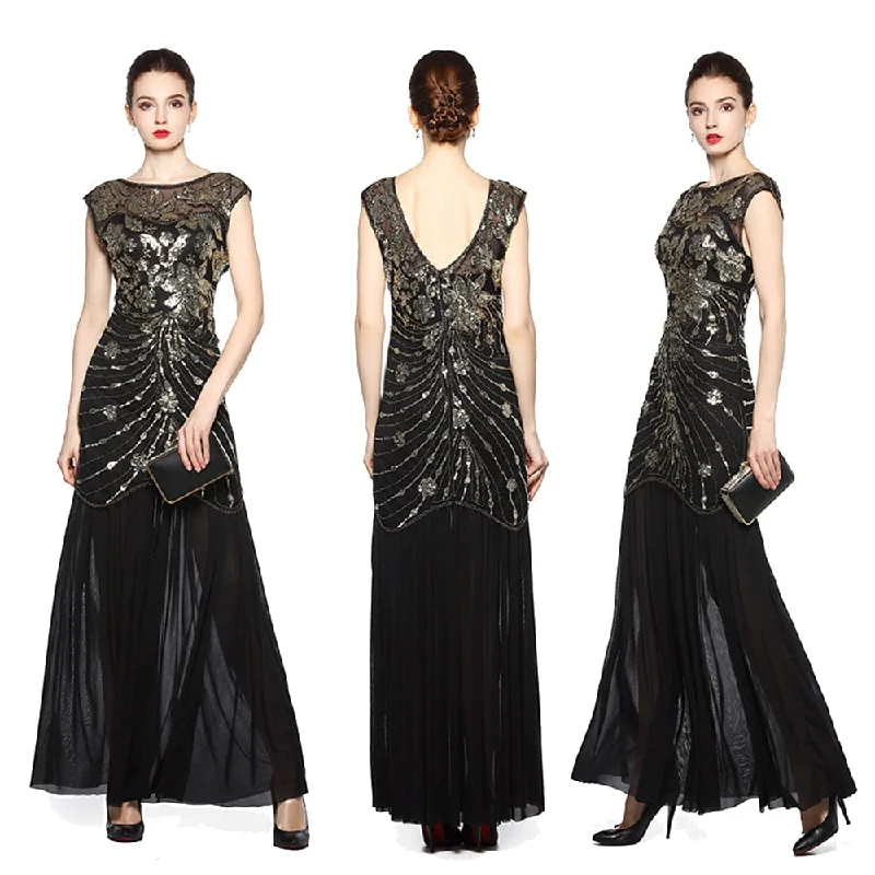 New 1920S Sequined Evening Dress Hand beads Floor length Party Dress Cap Sleeve Tulle Mermaid Formal Dress Black Gold Pink Gown Tunics Travel practical