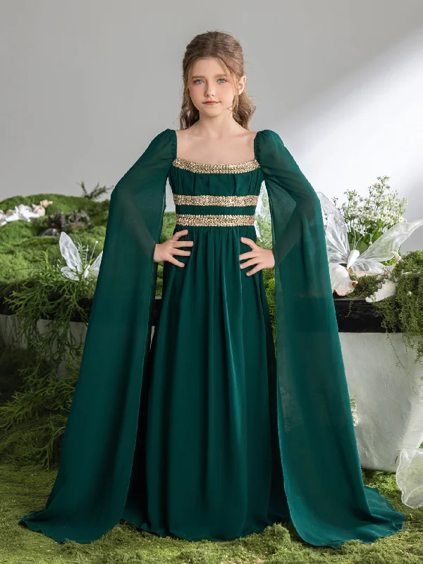 Tween Girls' Lace Trim Decoration Cape Sleeves Chiffon Party Dress Boatneck Modish Everyday