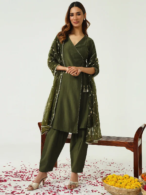 Green Designer Readymade Pant Suit Embroidery Work Comfy Zip-Up Pants