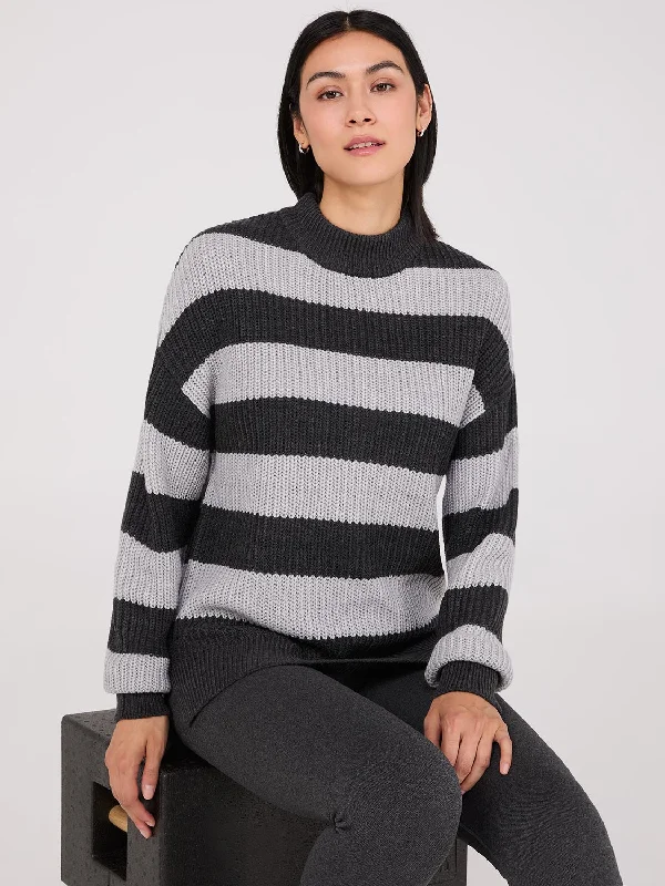 Striped Mock Neck Sweater With Side Slits Silk Blend Satin Velvet
