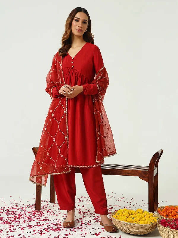 Red Designer Readymade Pant Suit Embroidery Work Elegant Wool Trousers