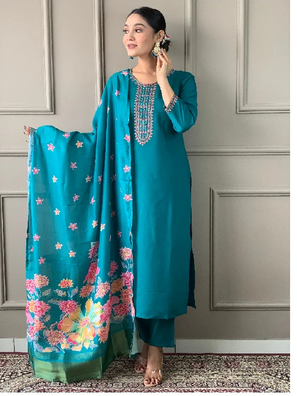 Blue Attractive Looking Readymade Pant Suit With Embroidery Printed Work Comfortable Jogger Trousers