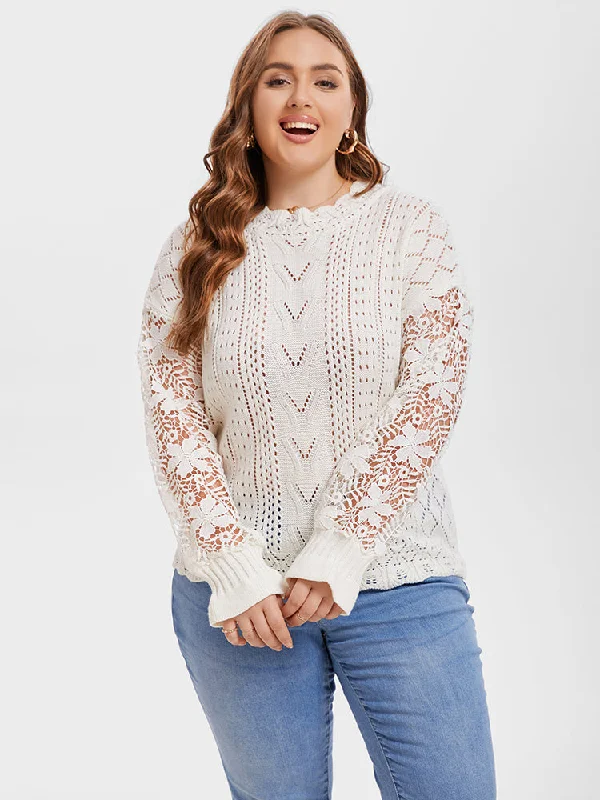 Contrast Lace Drop Shoulder Pointelle Knit Sweater Faux Fur Fabric Real Fur Fabric Shearling Fabric