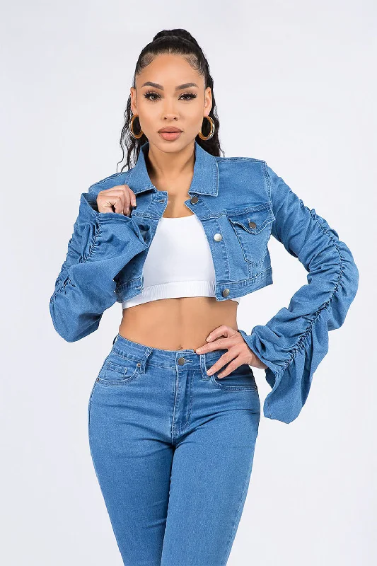 Women's Scrunched Bungee Sleeve Cropped Denim Jacket Satin Jacket Silk Jacket Chiffon Jacket