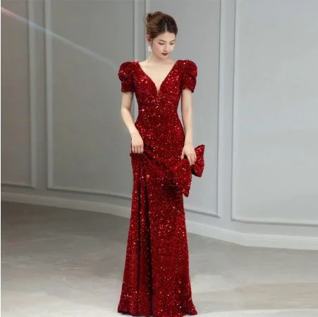 Bling Burgundy Sequins Banquet Sexy Backless Mermaid Party Dress CODE: KAR1819 Sequined Elegant Party