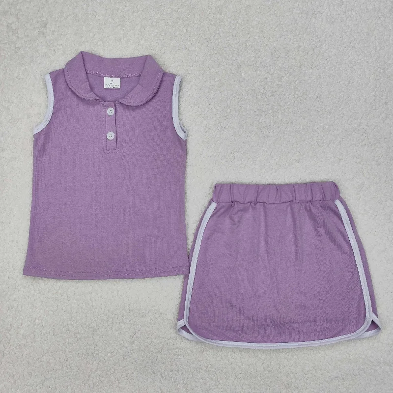 GSD1976 Pure Cotton suit Purple Polo Sleeveless Top Skirts Shorts Girls Boutique Summer Clothes  202503 RTS linen skirt natural