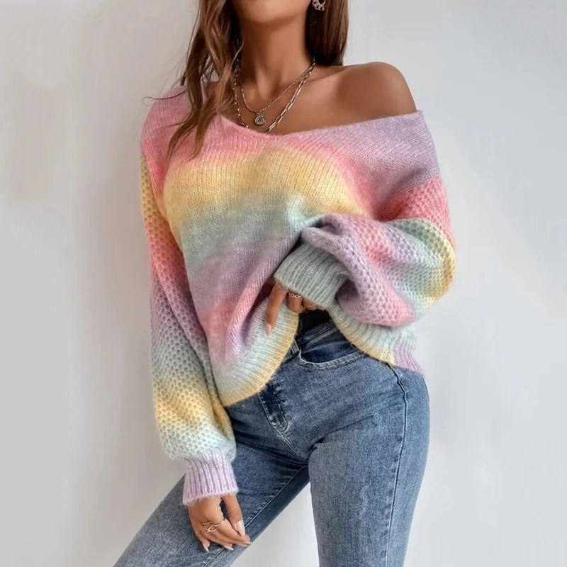 DressBetty - Rainbow Oversized Warm Sweater Lace Blend Ribbed Blend Corduroy Blend