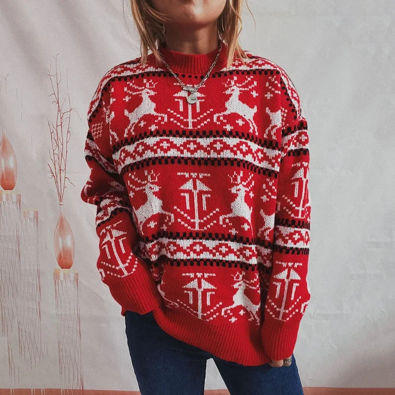 Reindeer Printed Christmas Sweat Women's Sweater Welt Pockets Slit Pockets Flap Pockets