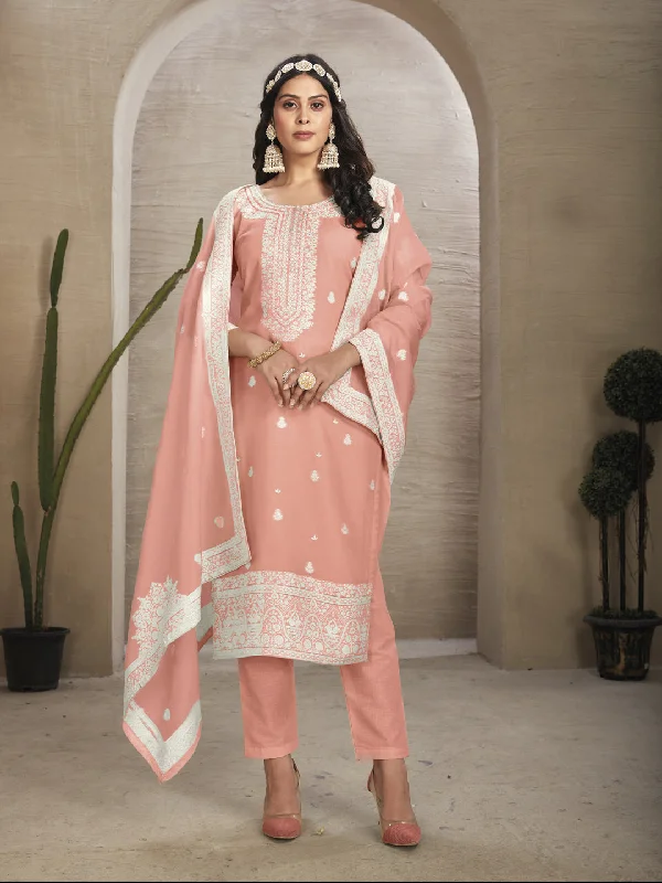 Peach Readymade Organza Pant Suit With Wevon Designer Hand Work Relaxed Casual Leggings