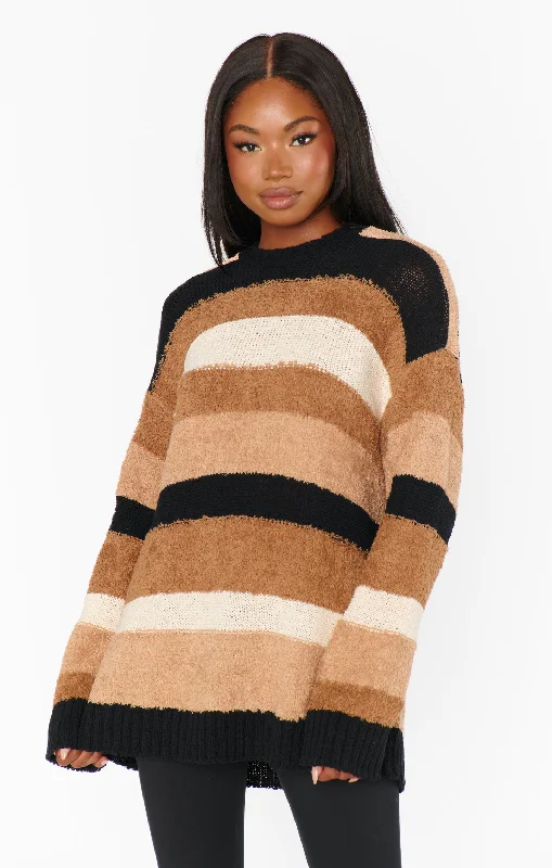 Timothy Tunic Sweater ~ Neutral Multi Stripe Knit Cashmere Blend Cotton Blend Poly Blend