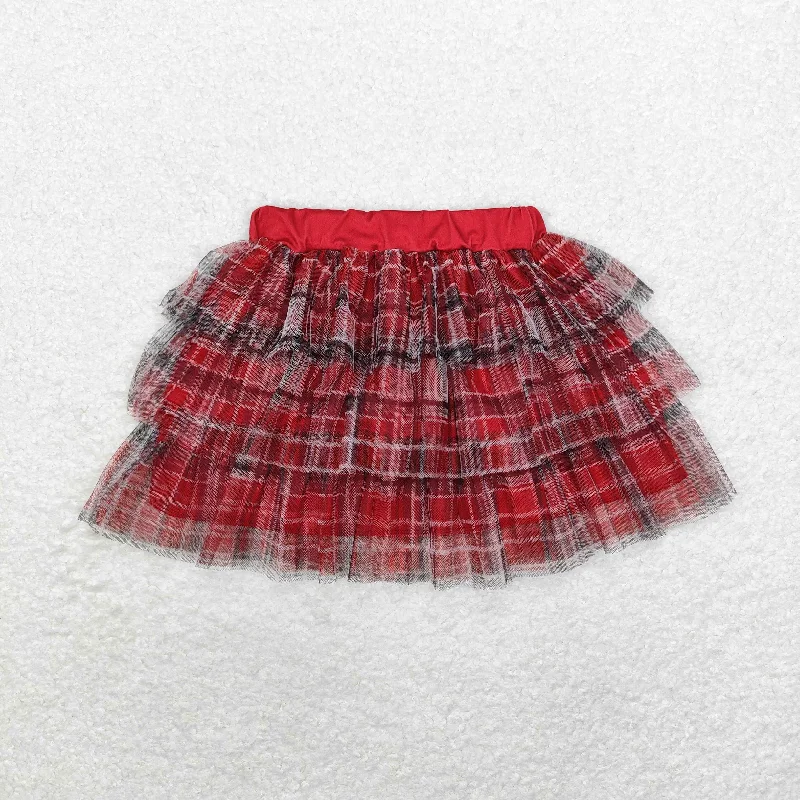 GLK0033 British school style three-layer gauze skirt red and black striped skirt denim skirt durable
