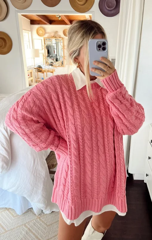 Day to Day Tunic Sweater ~ Pink Cable Knit Houndstooth Herringbone Solid