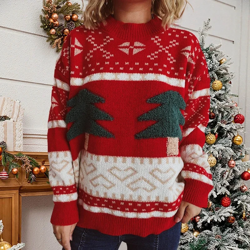 Green Christmas Sweater with Tree Embroidery - Casual Loose Retro Style Fleece Fabric Down Fabric Feather Fabric