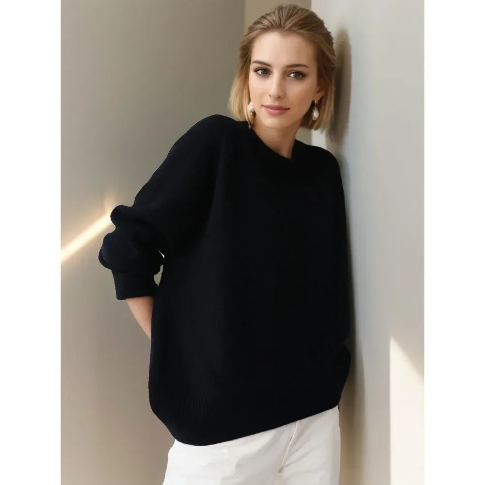 Oversized Loose Casual Autumn Winter Warm Thick Knit Sweater Solid Print Embellished