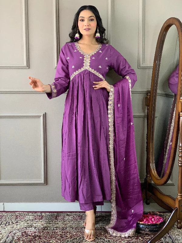 Purple Attractive Looking Pant Suit With Designer Embroidery Printed Work Trendy Wide-Leg Pants
